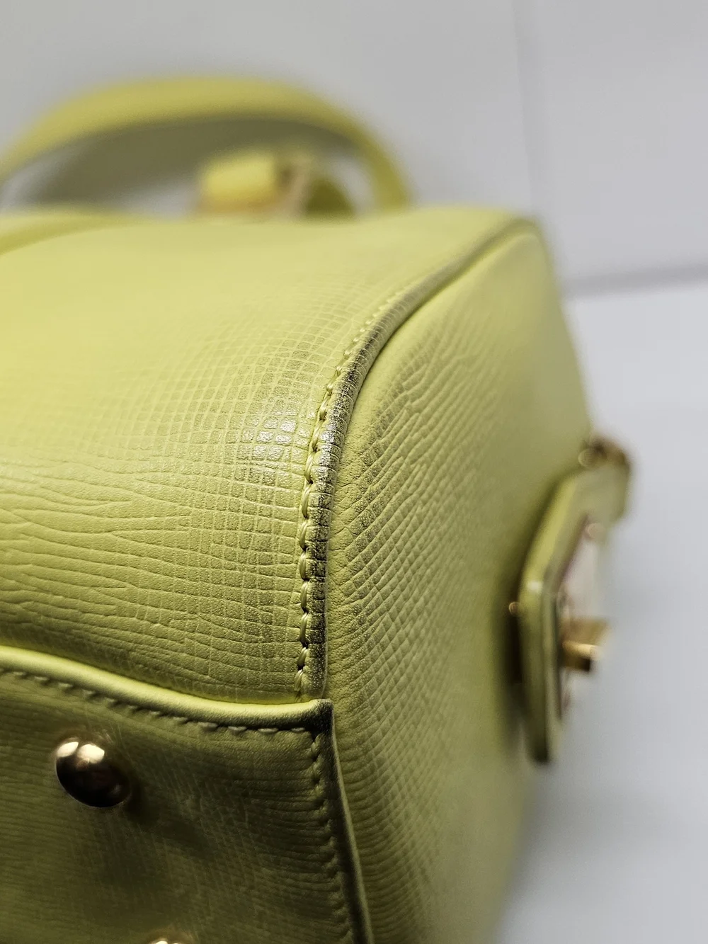MCM Lemon Yellow Leather Barrel Satchel with Gold Hardware